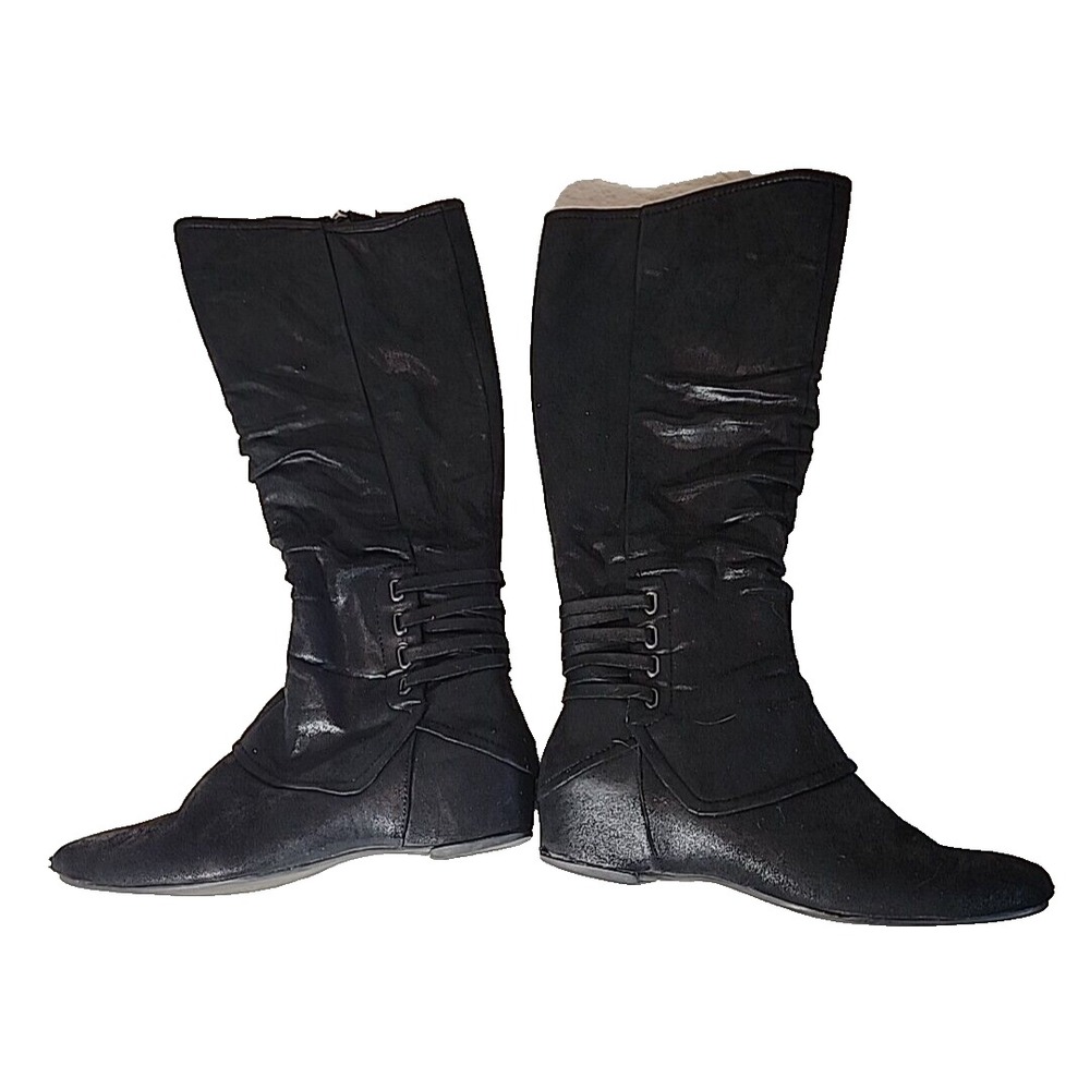 G.H. BASS Boots WOMENS 9.5 WREN Extended Calf 17" Flat Shoes‎ 16" Zipper BLACK